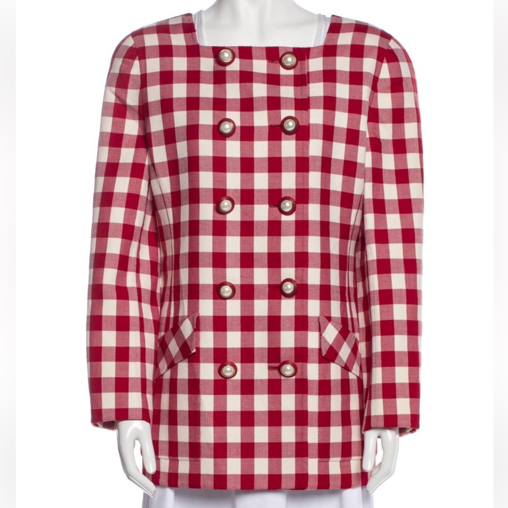 vintage Oscar de la Renta red gingham plaid blazer jacket with pearl accents